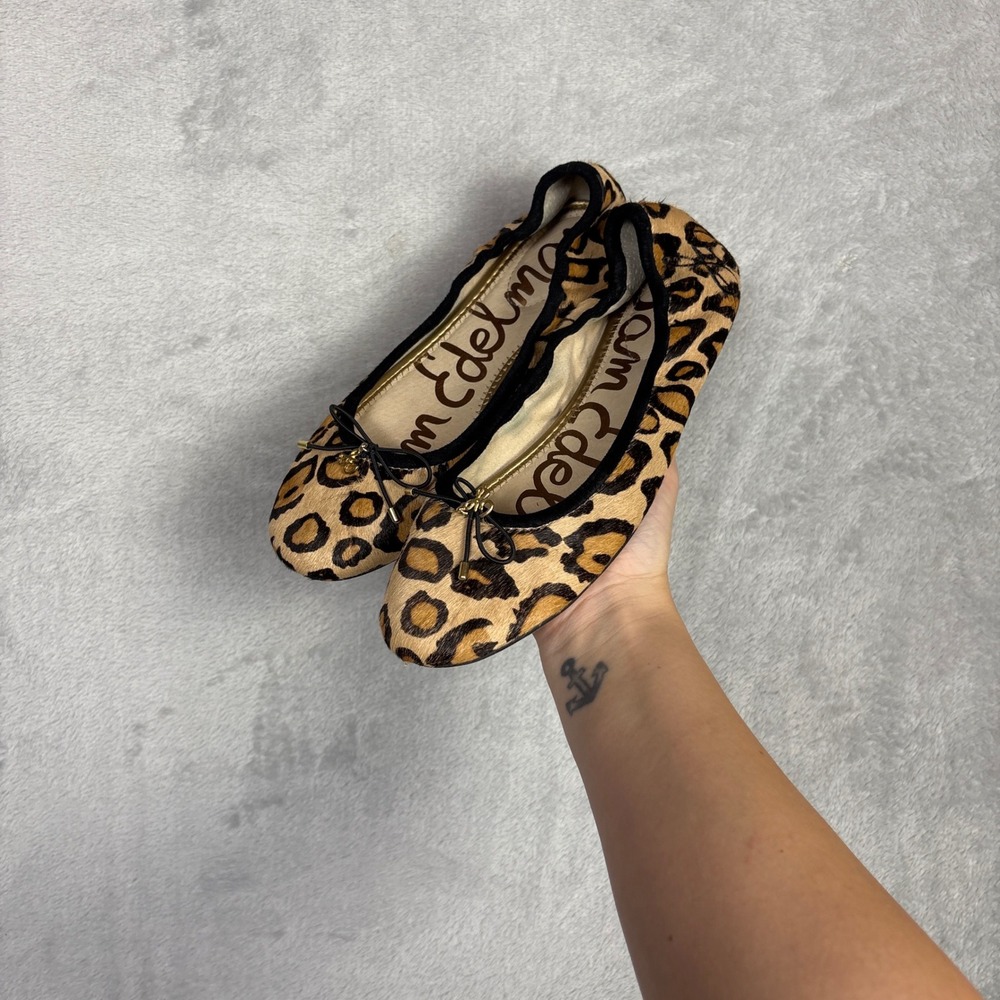 Sam Edelman Felicia Leopard Print Calf Hair Ballet Flats Brown Tan Black Bow